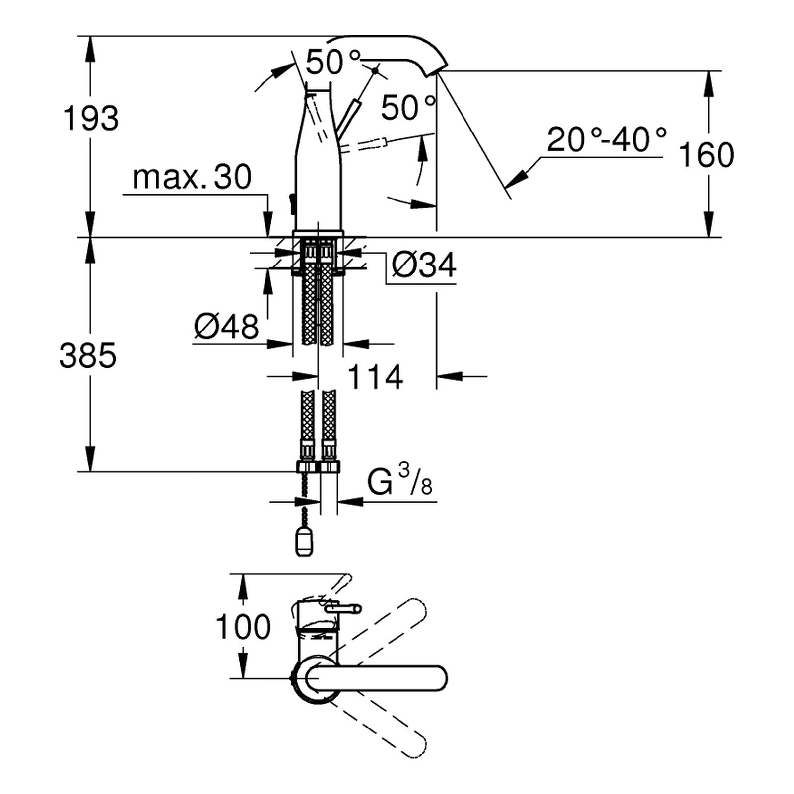 Maattekening Grohe Essence wastafelmengkraan M-Size