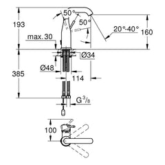 Maattekening Grohe Essence wastafelmengkraan M-Size