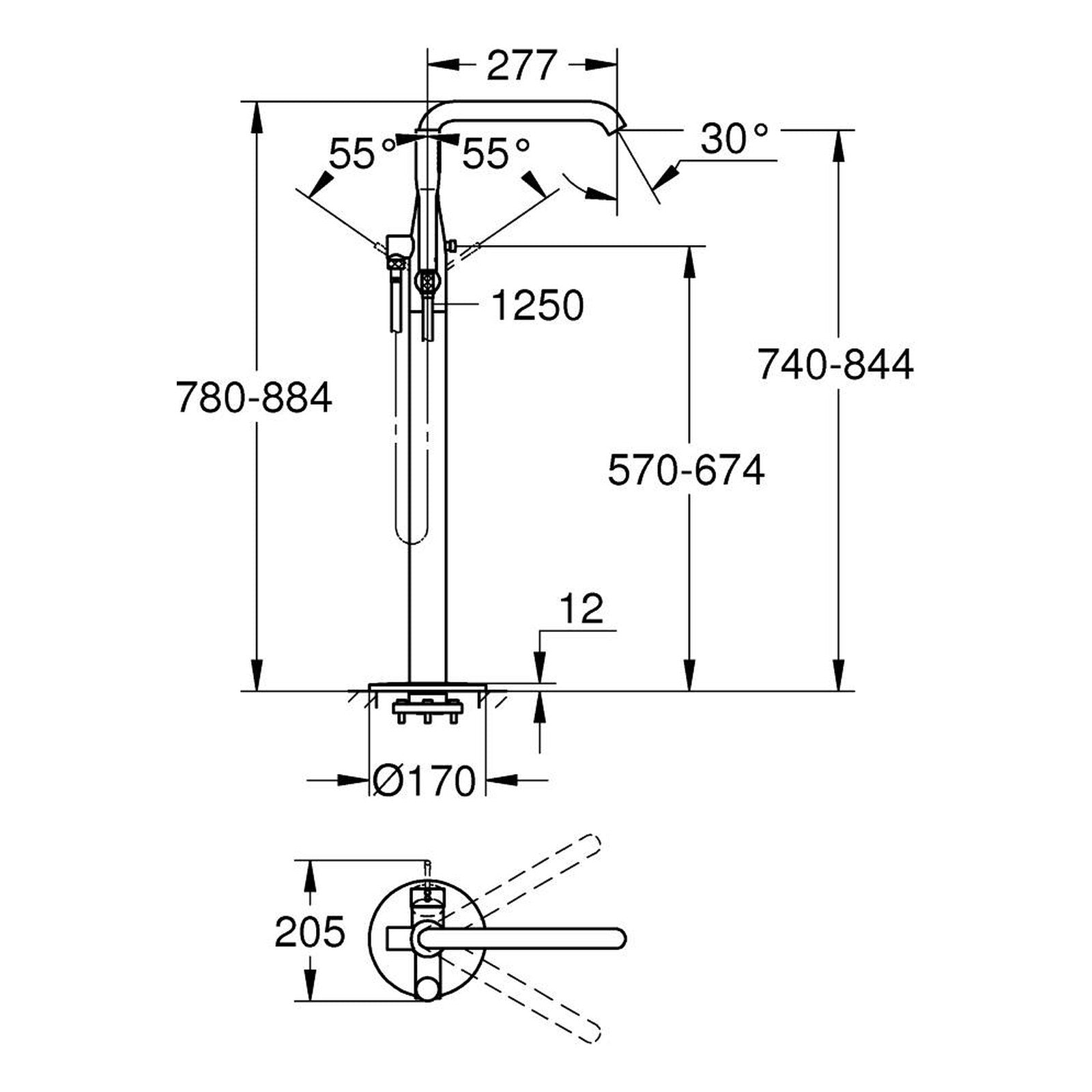 Maattekening Grohe Essence badmengkraan, vloermontage