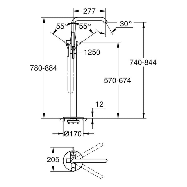 Maattekening Grohe Essence badmengkraan, vloermontage