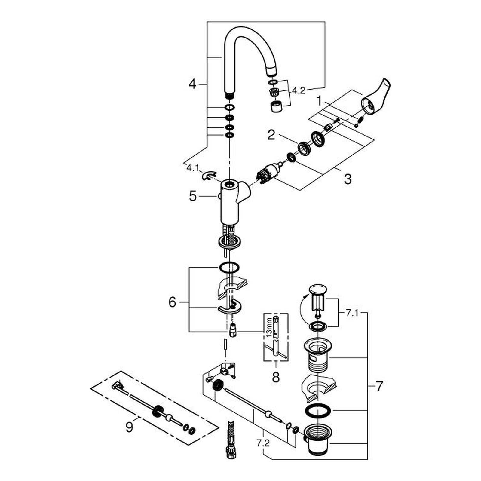 Onderdelentekening Grohe Eurosmart wastafelmengkraan L-Size 2014–2019