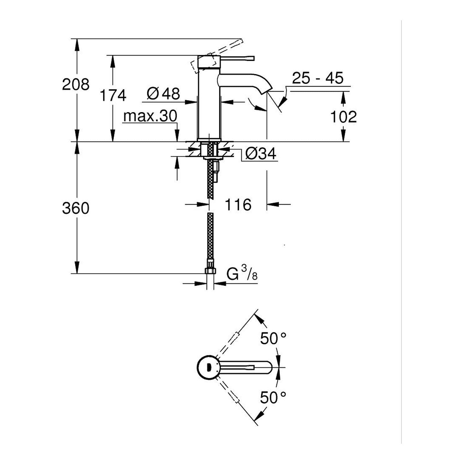 Maattekening Grohe Essence wastafelmengkraan S-Size