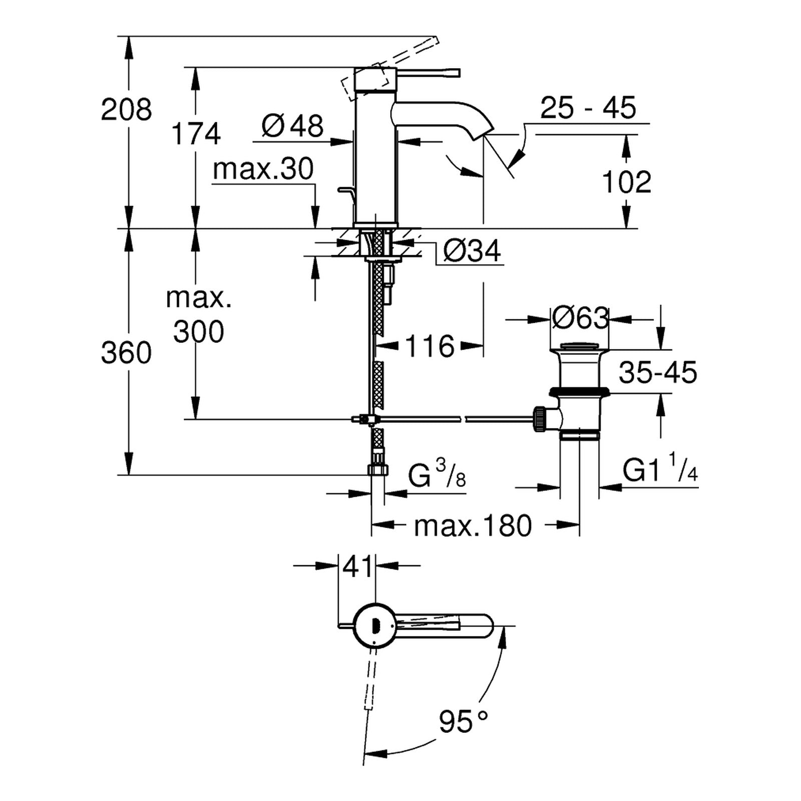 Maattekening Grohe Essence wastafelmengkraan S-Size