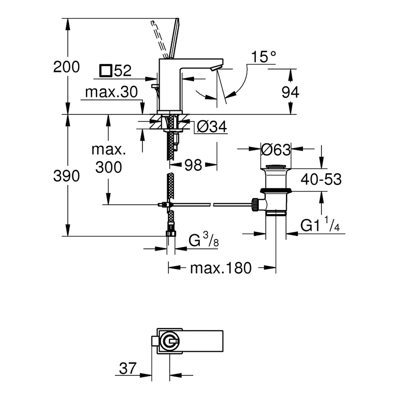 Maattekening Grohe Eurocube Joy wastafelmengkraan S-Size