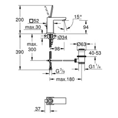 Maattekening Grohe Eurocube Joy wastafelmengkraan S-Size