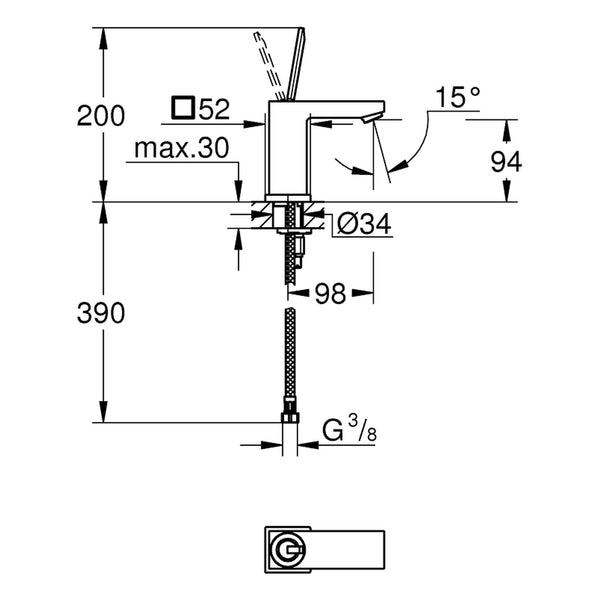 Maattekening Grohe Eurocube Joy wastafelmengkraan S-Size