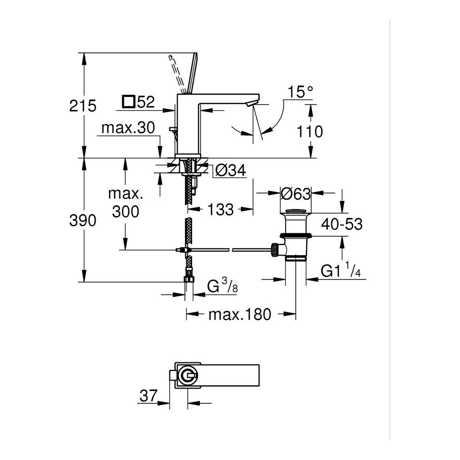 Maattekening Grohe Eurocube Joy wastafelmengkraan M-Size