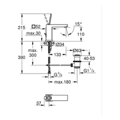 Maattekening Grohe Eurocube Joy wastafelmengkraan M-Size