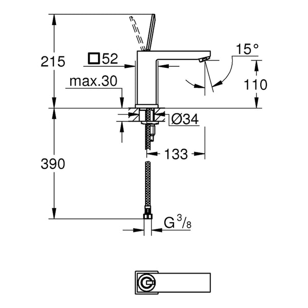 Maattekening Grohe Eurocube Joy wastafelmengkraan M-Size