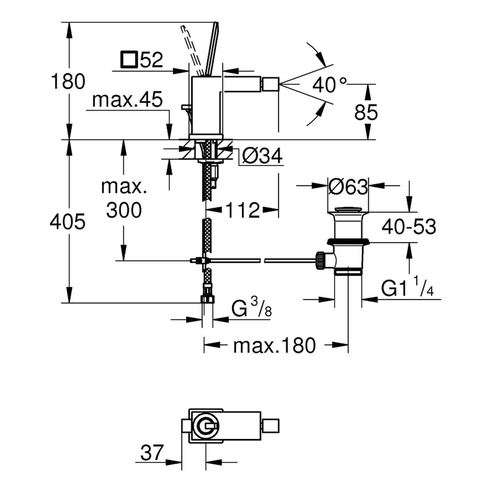 Maattekening Grohe Eurocube Joy bidetmengkraan