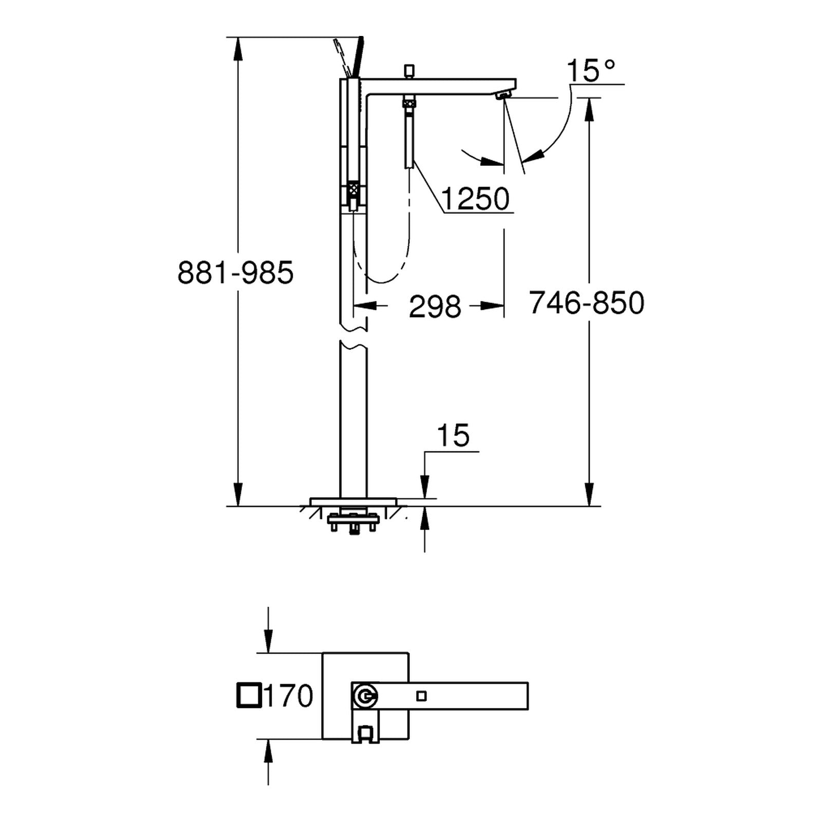 Maattekening Grohe Eurocube Joy badmengkraan, vloermontage
