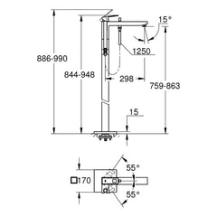 Maattekening Grohe Eurocube badmengkraan, vloermontage