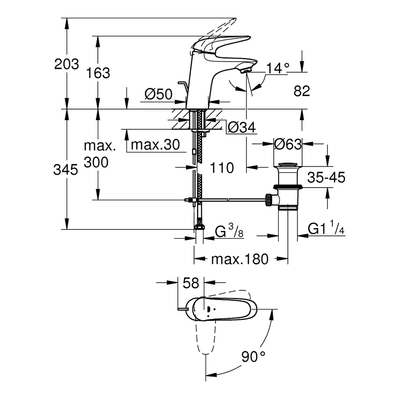 Maattekening Grohe Eurostyle wastafelmengkraan S-Size