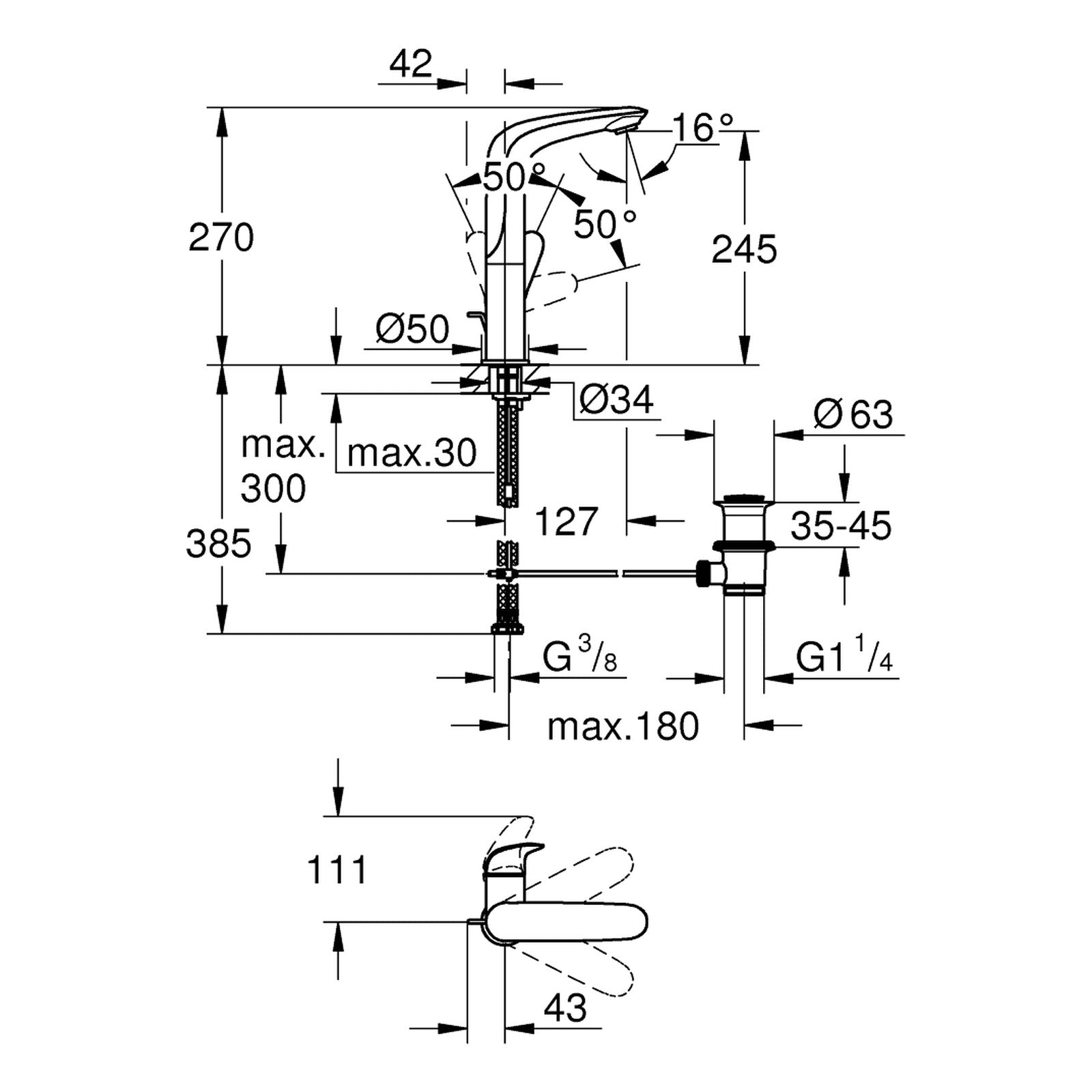 Maattekening Grohe Eurostyle wastafelmengkraan L-Size