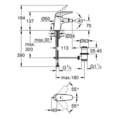 Maattekening Grohe Eurostyle bidetmengkraan S-Size