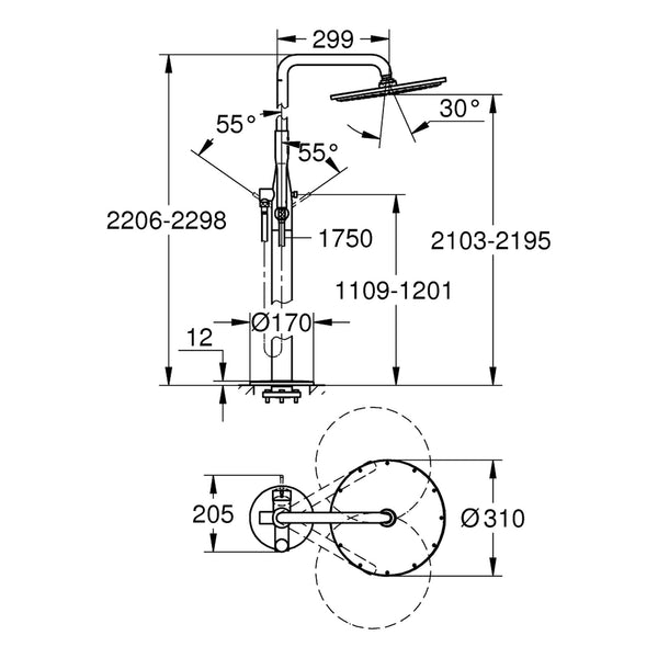 Maattekening Grohe Essence vrijstaand douchesysteem
