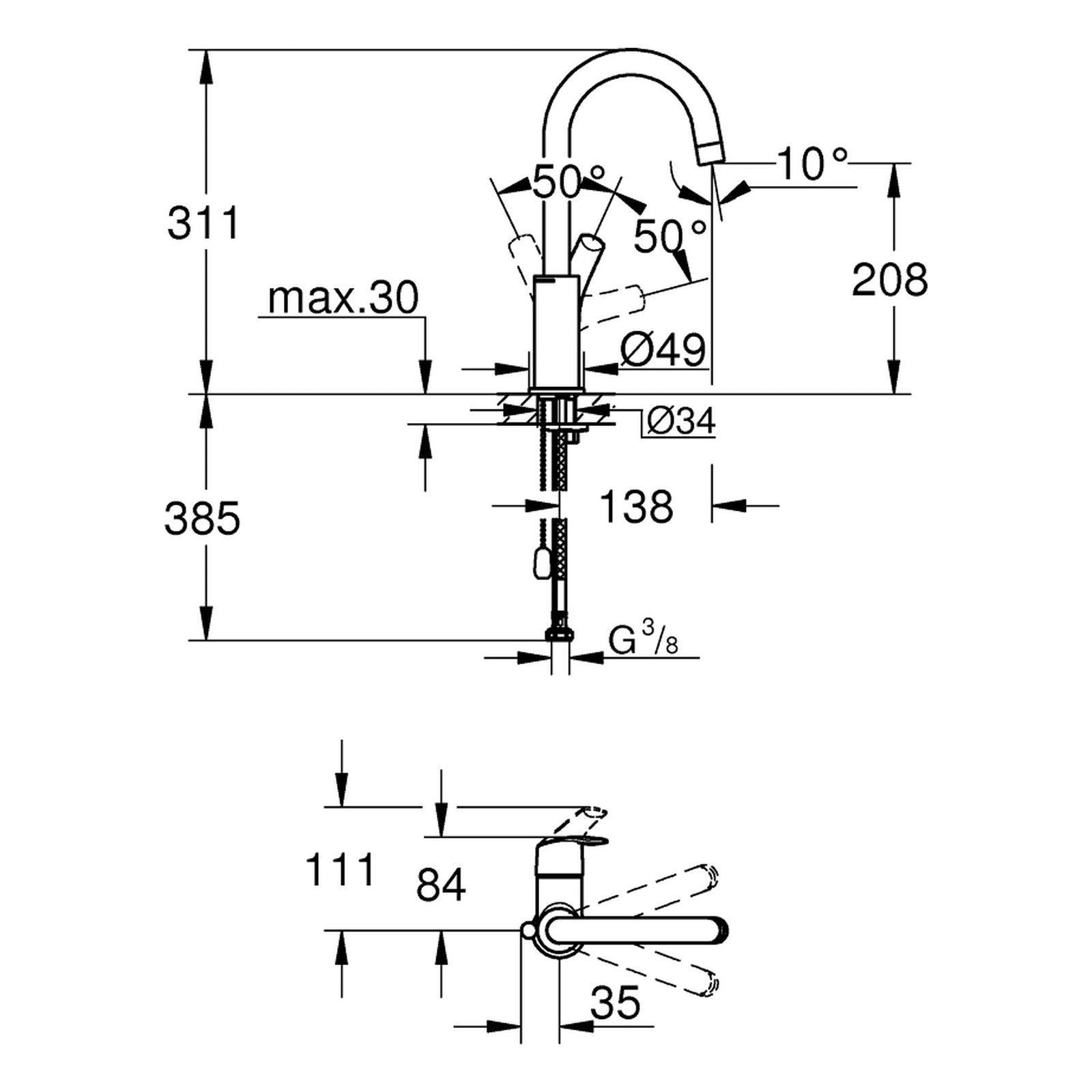 Maattekening Grohe Eurosmart wastafelmengkraan L-Size