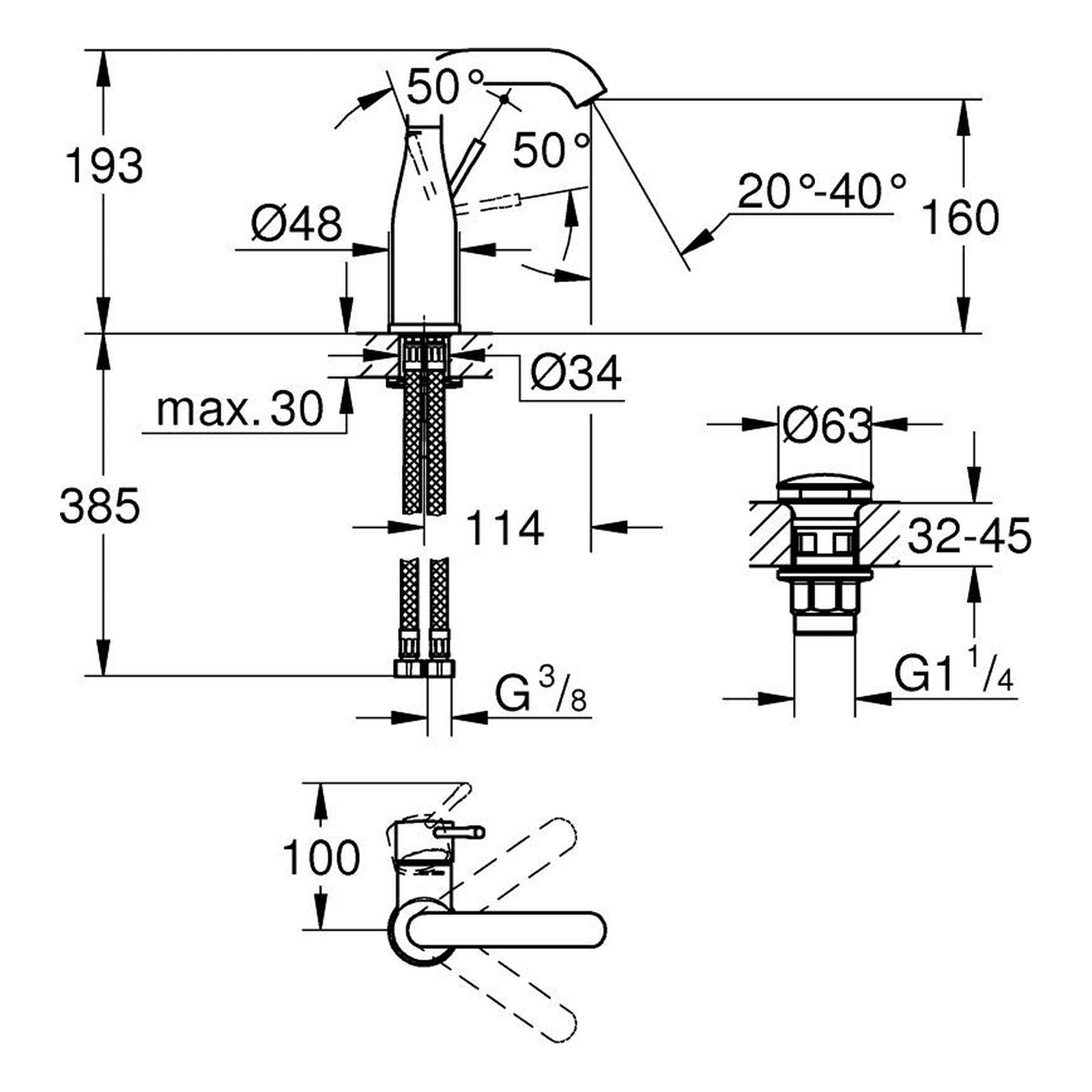 Maattekening Grohe Essence wastafelmengkraan M-Size