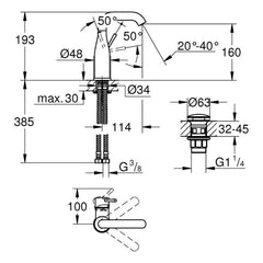 Maattekening Grohe Essence wastafelmengkraan M-Size