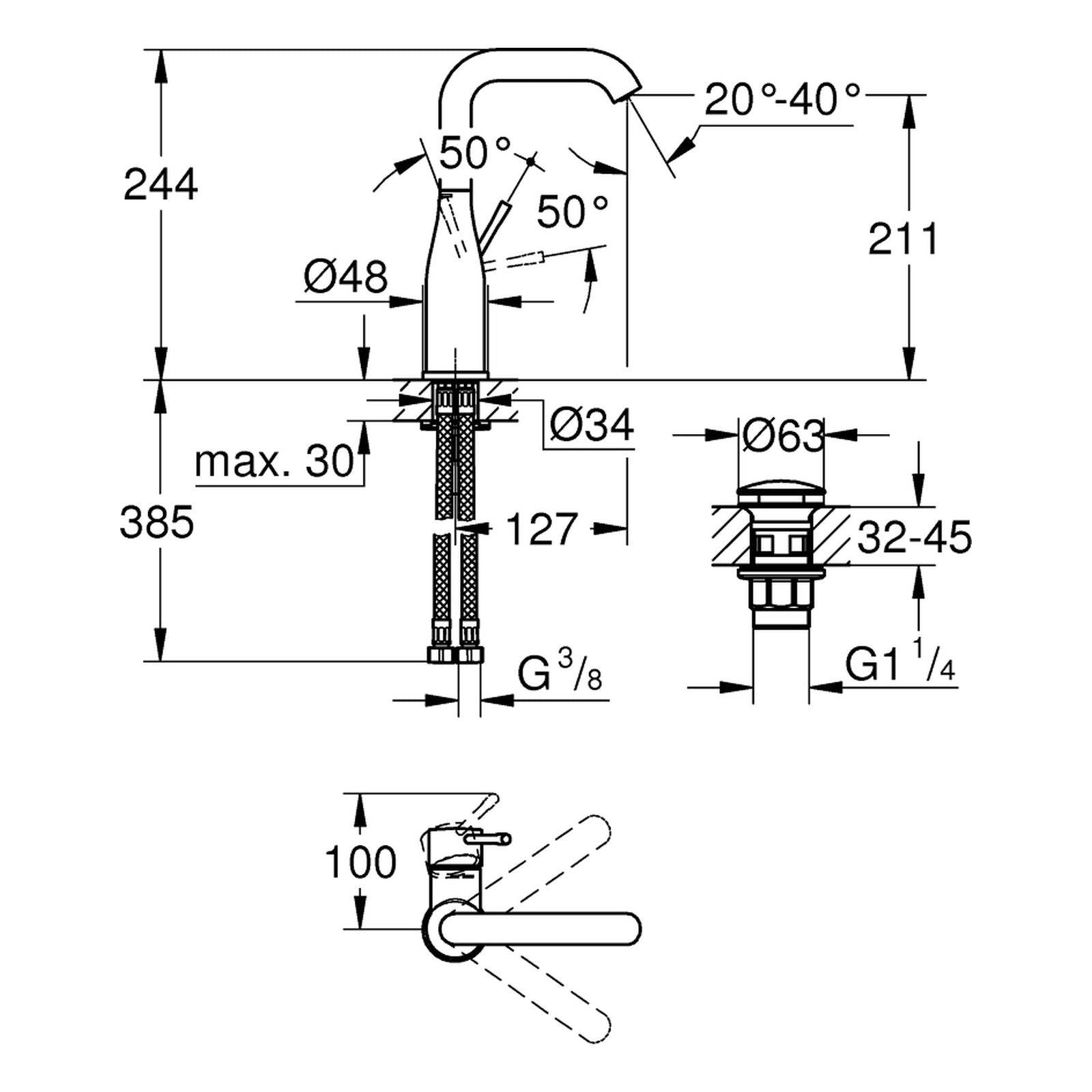 Maattekening Grohe Essence wastafelmengkraan L-Size