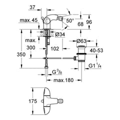 Maattekening Grohe Aria bidetmengkraan