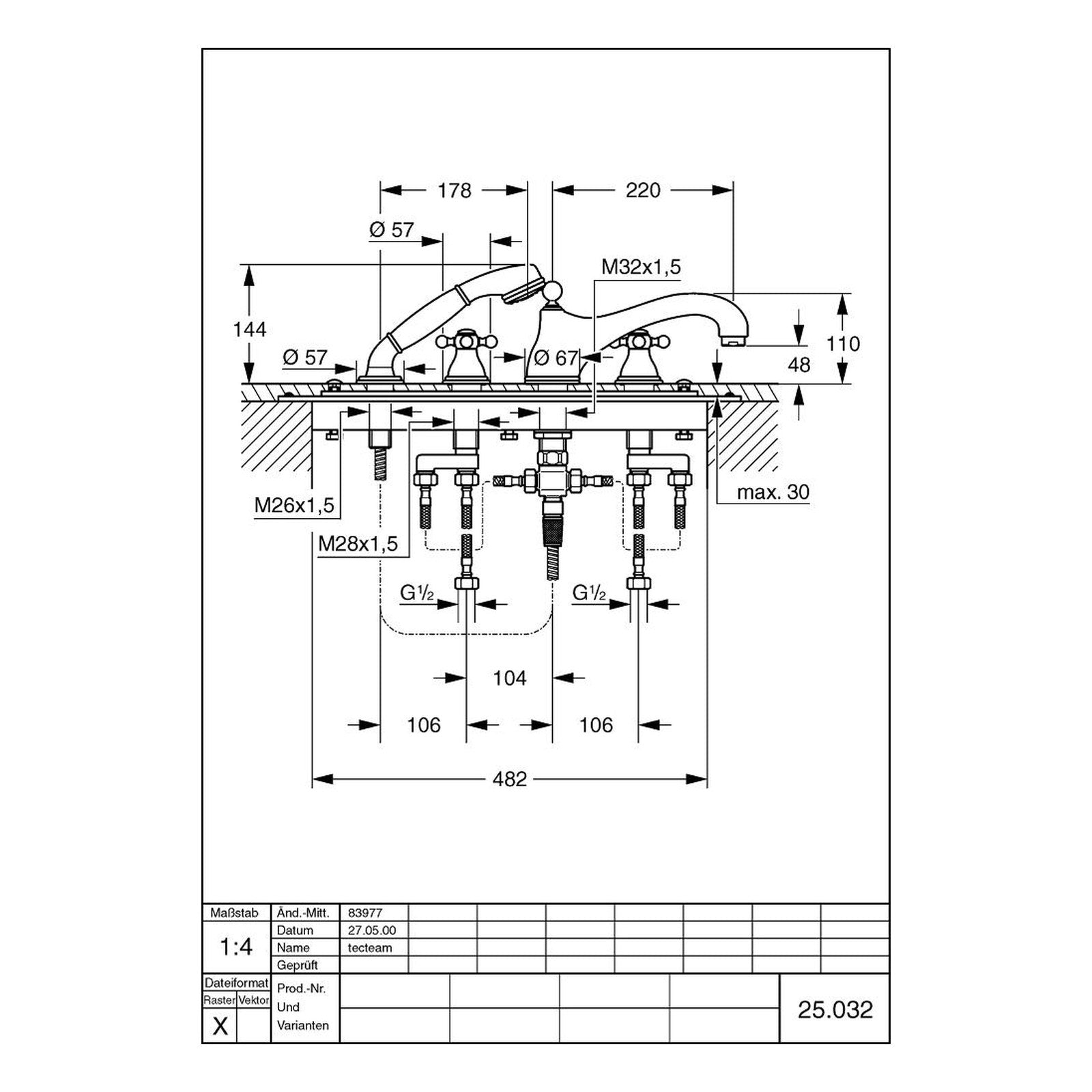 Maattekening Grohe Sinfonia viergats badrandcombinatie 1/2