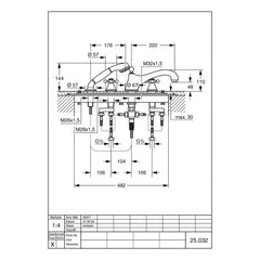 Maattekening Grohe Sinfonia viergats badrandcombinatie 1/2