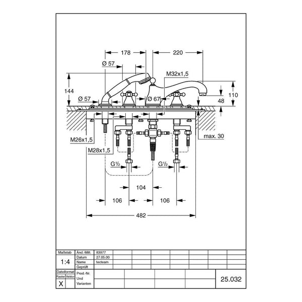 Maattekening Grohe Sinfonia viergats badrandcombinatie 1/2