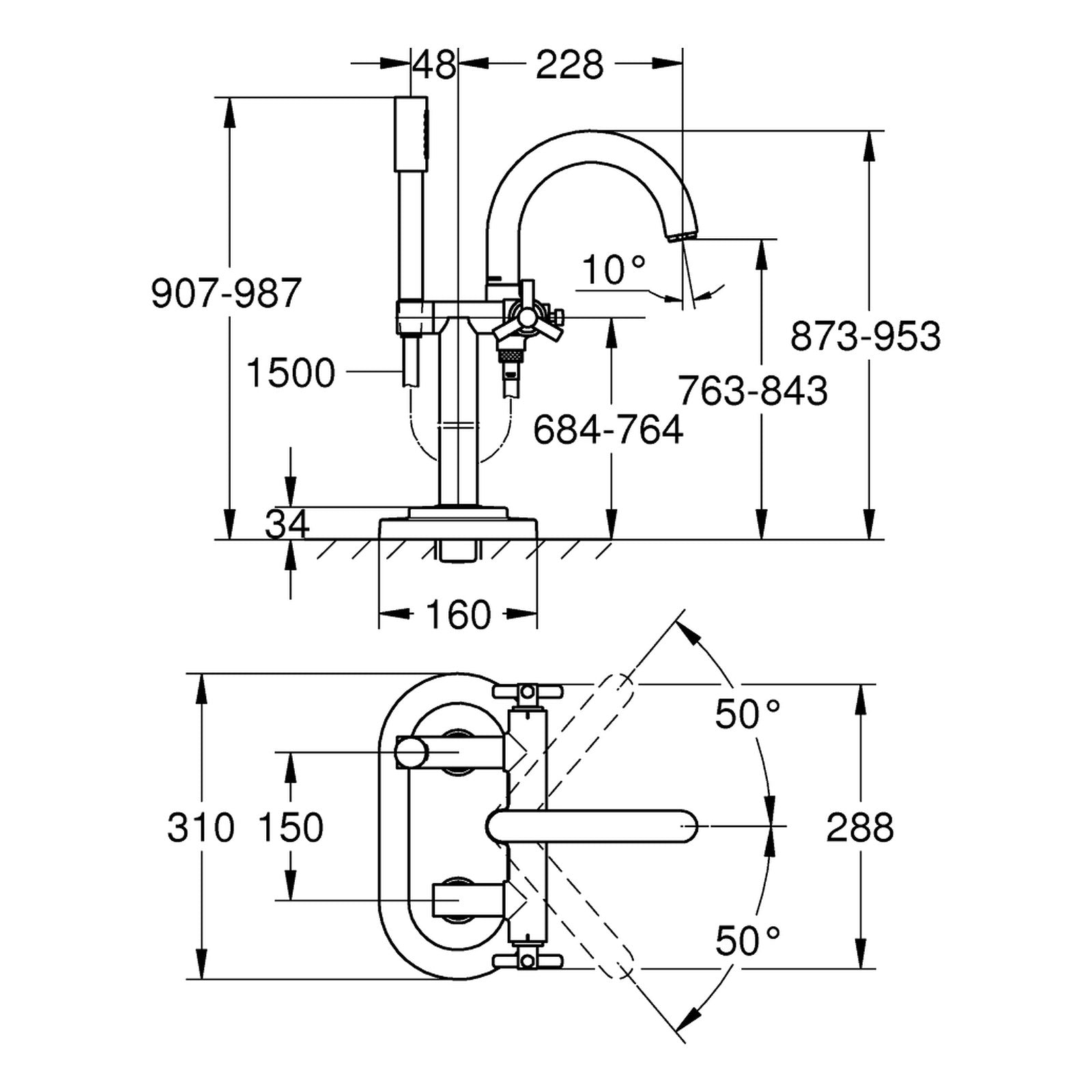 Maattekening Grohe Atrio badmengkraan