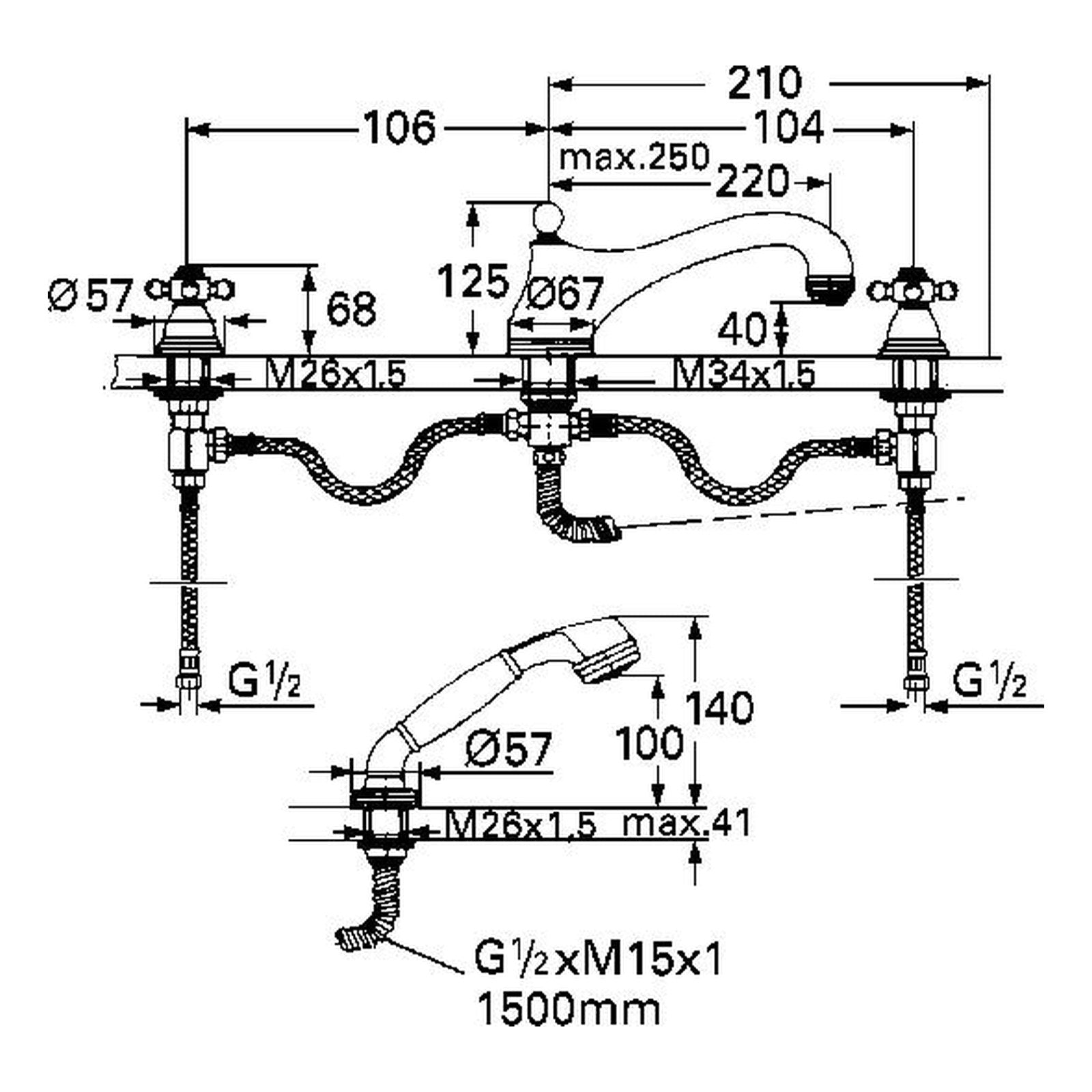 Maattekening Grohe Sinfonia viergats badrandcombinatie 1/2