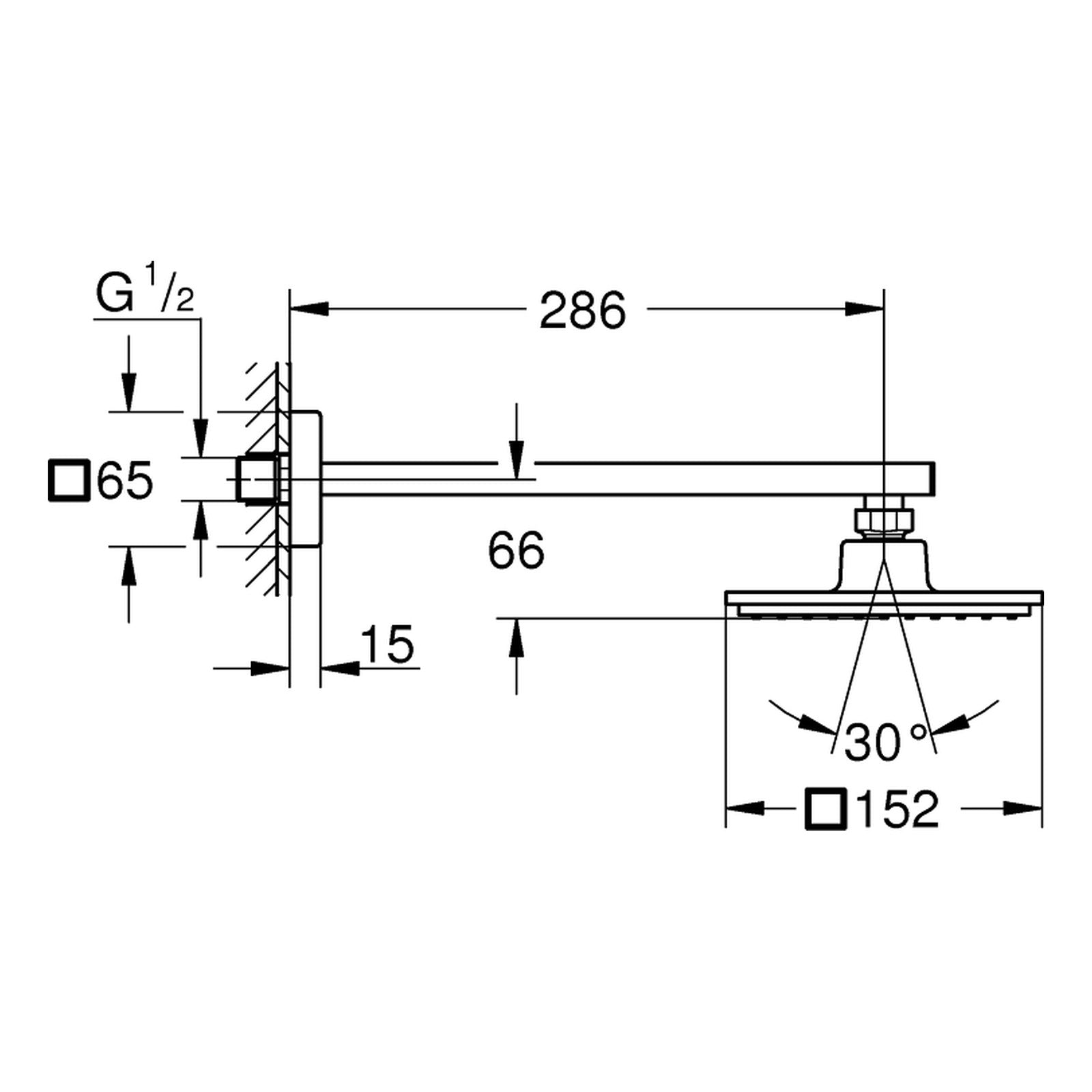 Maattekening Grohe Euphoria Cube 150 hoofddoucheset 286 mm, 1 straalsoort