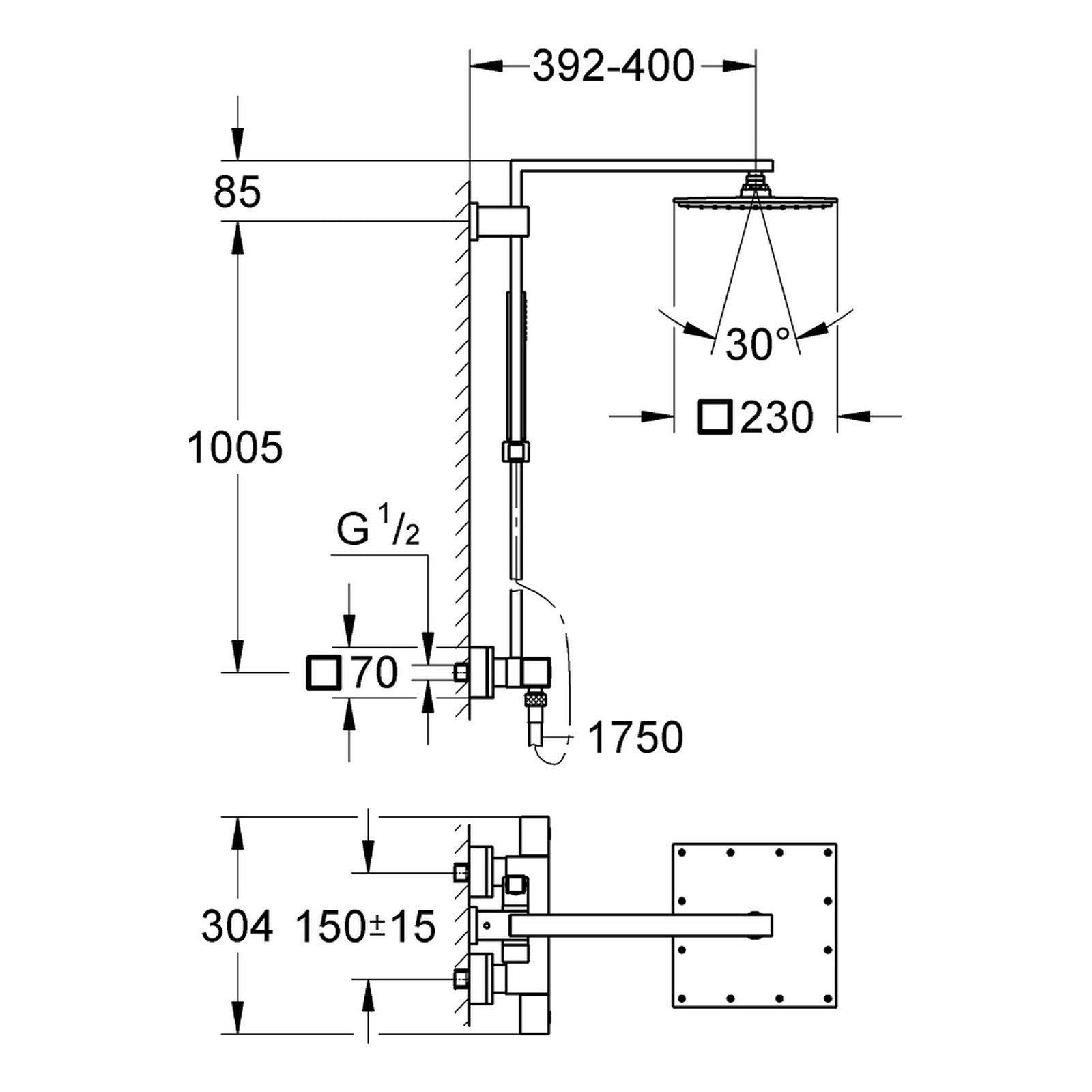 Maattekening Grohe Euphoria Cube System 230 douchesysteem met thermostaatkraan