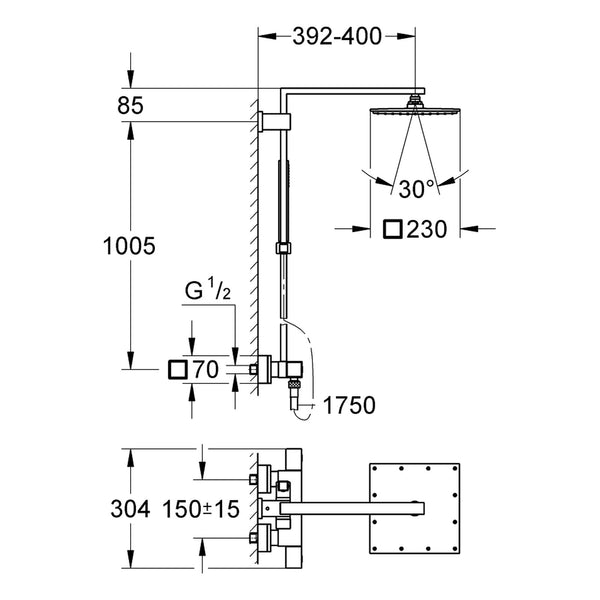Maattekening Grohe Euphoria Cube System 230 douchesysteem met thermostaatkraan