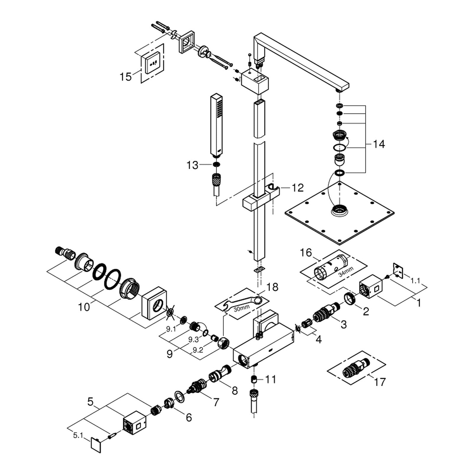 Onderdelentekening Grohe Euphoria Cube System 230 douchesysteem met thermostaatkraan