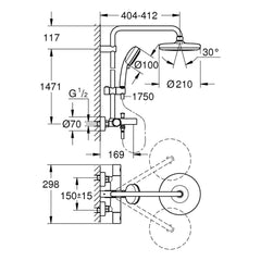 Maattekening Grohe Tempesta Cosmopolitan System 210 douchesysteem met badthermostaat