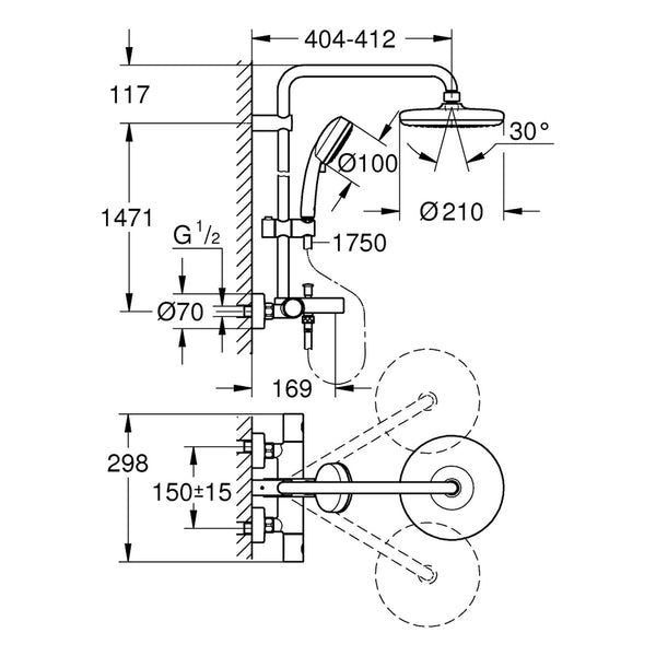 Maattekening Grohe Tempesta Cosmopolitan System 210 douchesysteem met badthermostaat