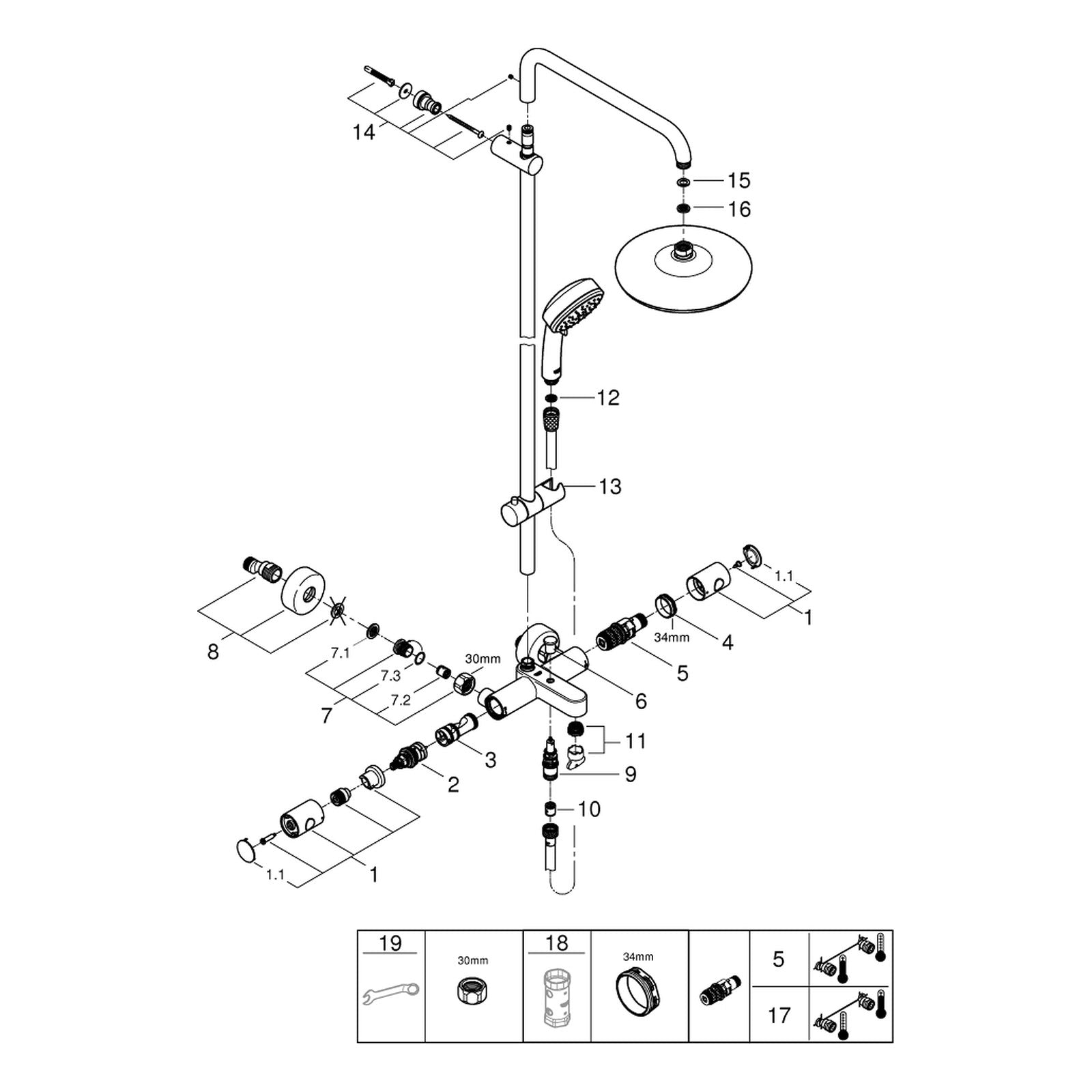 Onderdelentekening Grohe Tempesta Cosmopolitan System 210 douchesysteem met badthermostaat