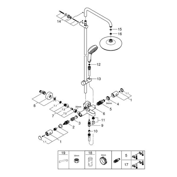 Onderdelentekening Grohe Tempesta Cosmopolitan System 210 douchesysteem met badthermostaat