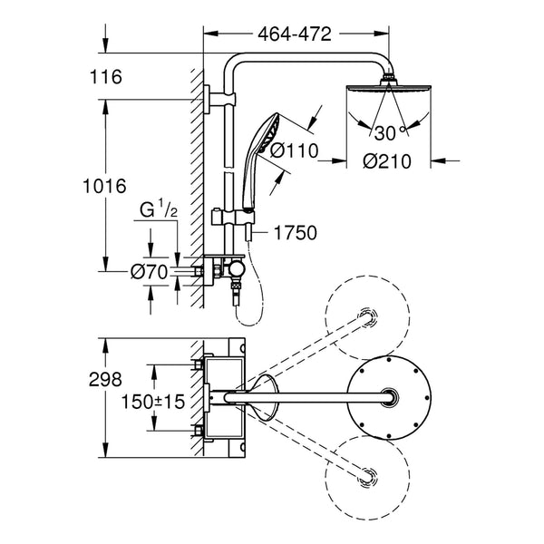 Maattekening Grohe Euphoria System 210 douchesysteem met thermostaatkraan