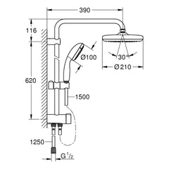 Maattekening Grohe Tempesta System 210 flex douchesysteem met omstelkraan voor wandmontage