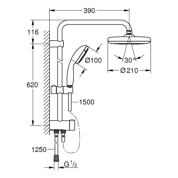 Maattekening Grohe Tempesta System 210 flex douchesysteem met omstelkraan voor wandmontage