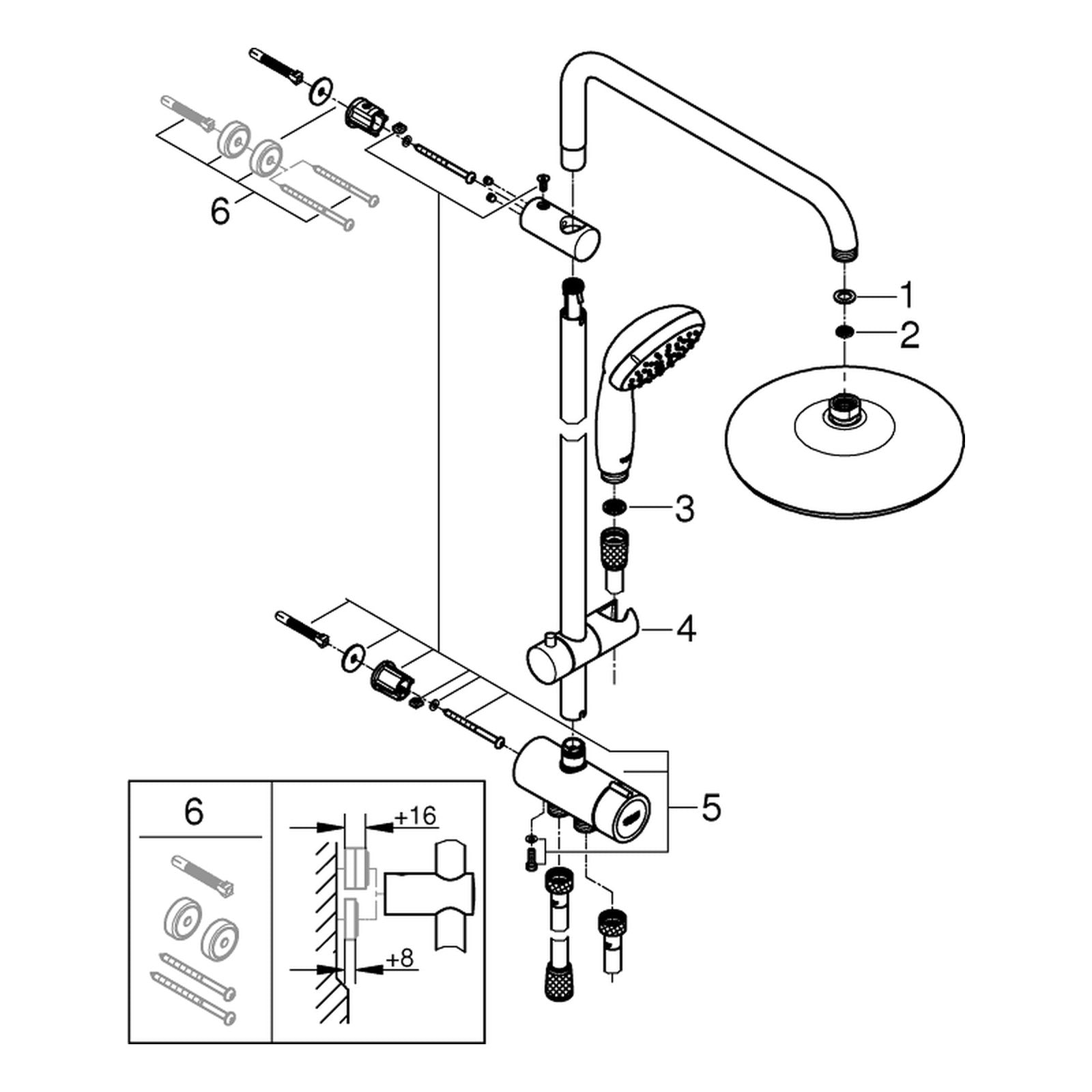 Onderdelentekening Grohe Tempesta System 210 flex douchesysteem met omstelkraan voor wandmontage