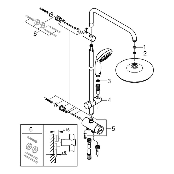 Onderdelentekening Grohe Tempesta System 210 flex douchesysteem met omstelkraan voor wandmontage