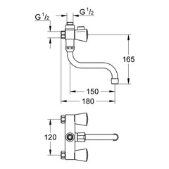 Maattekening Grohe Costa S douchemengkraan 3/8