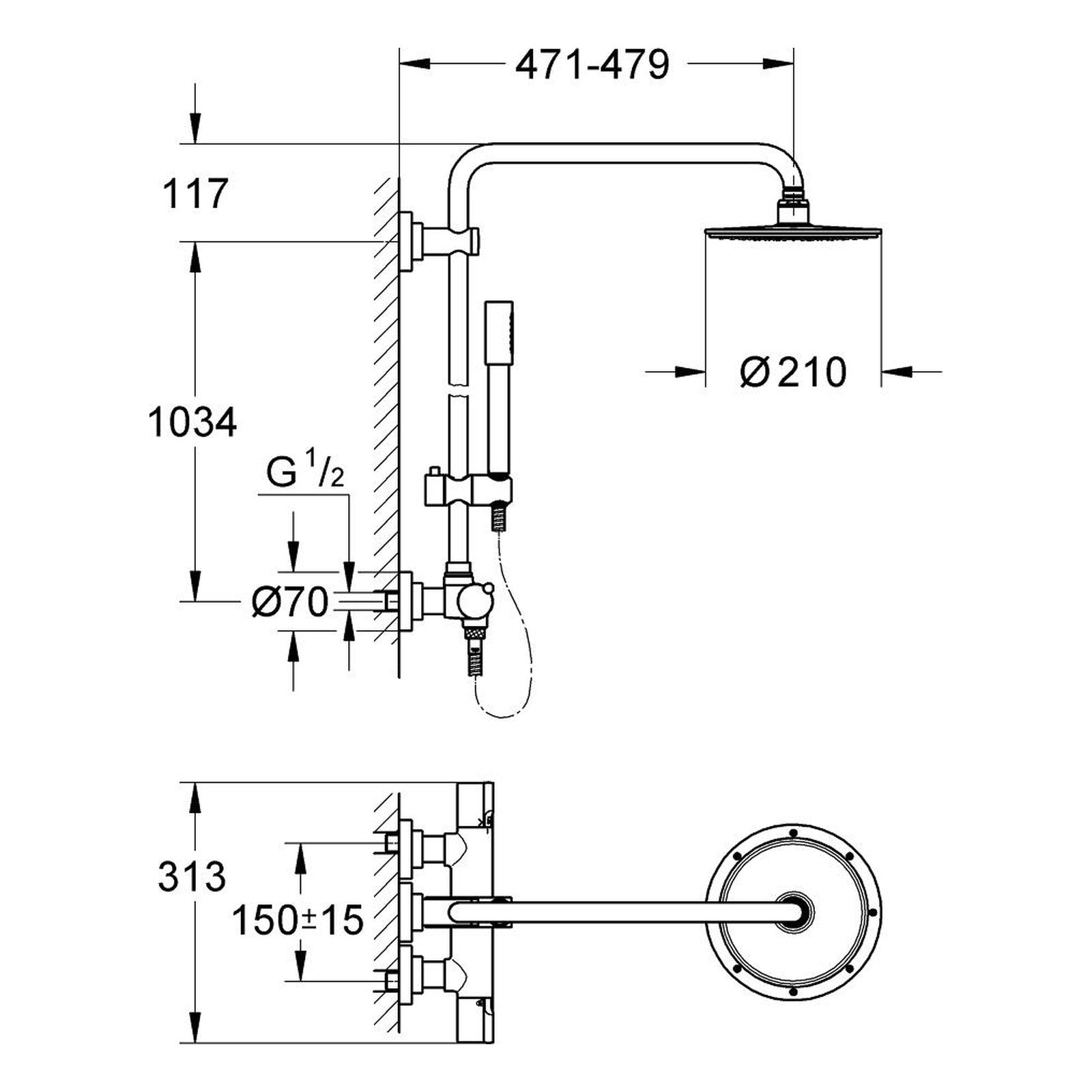 Maattekening Grohe Rainshower System 210 douchesysteem met thermostaatkraan
