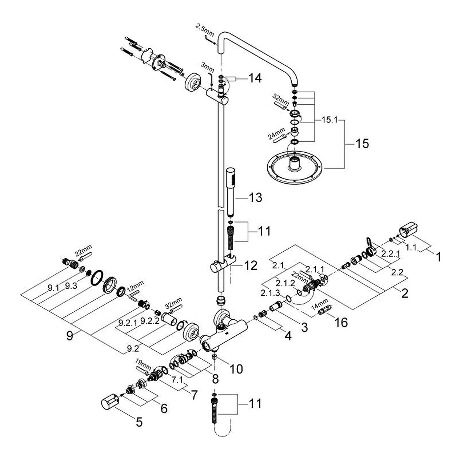 Onderdelentekening Grohe Rainshower System 210 douchesysteem met thermostaatkraan 2004–2005