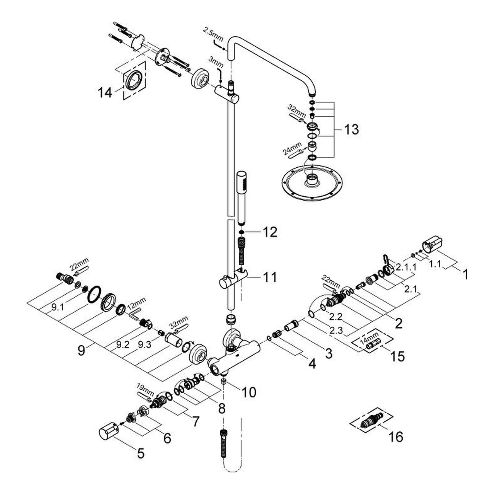 Onderdelentekening Grohe Rainshower System 210 douchesysteem met thermostaatkraan