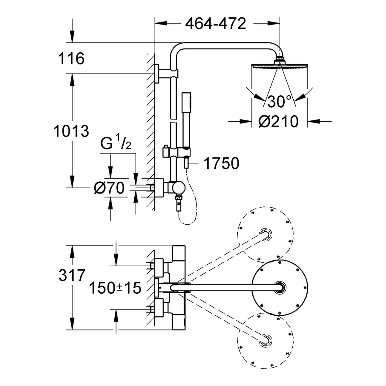 Maattekening Grohe Rainshower System 210 douchesysteem met thermostaatkraan