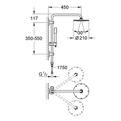 Maattekening Grohe Rainshower System 210 shower system with GrohClick without fitting for wall mounting
