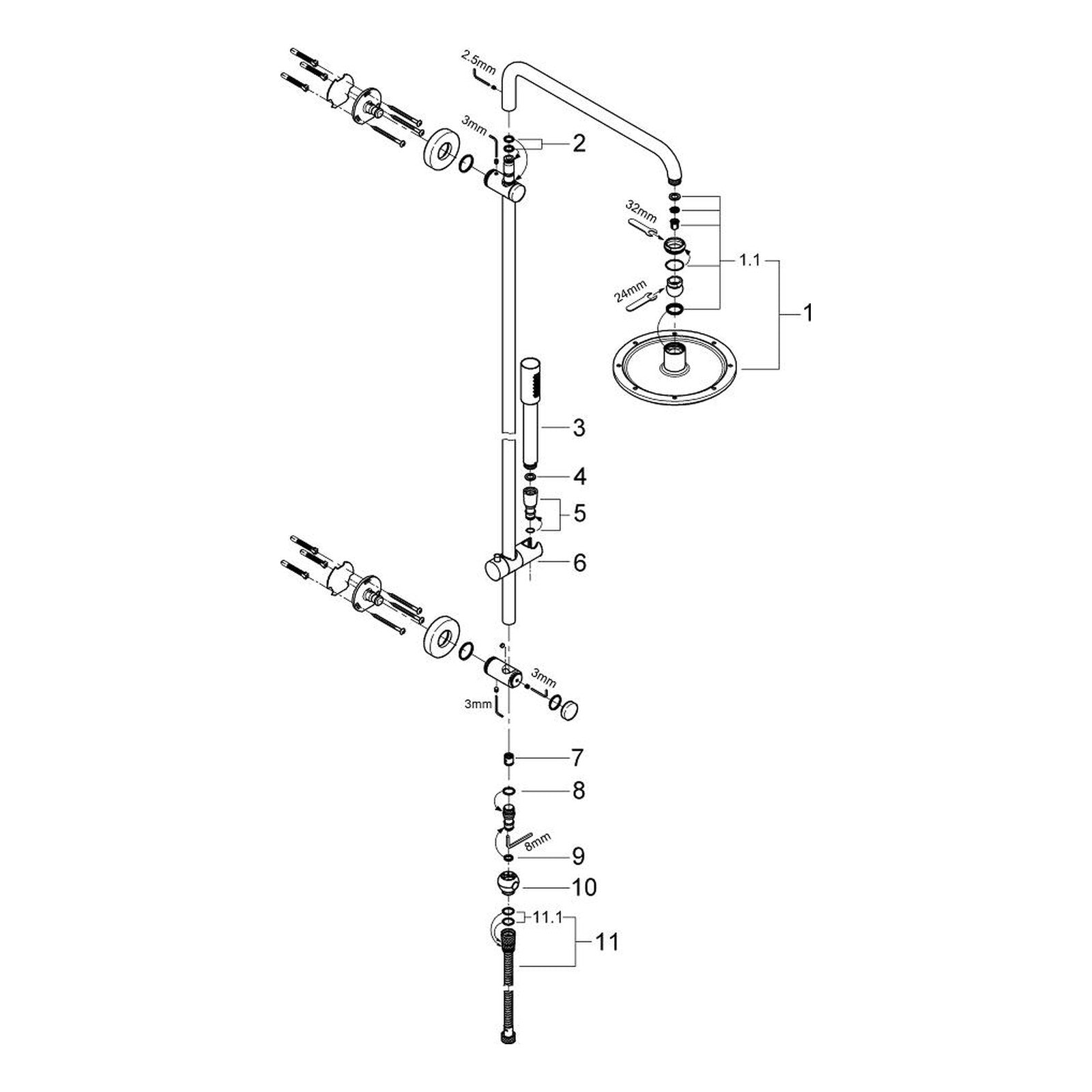 Onderdelentekening Grohe Rainshower System 210 shower system with GrohClick without fitting for wall mounting 2005–2007